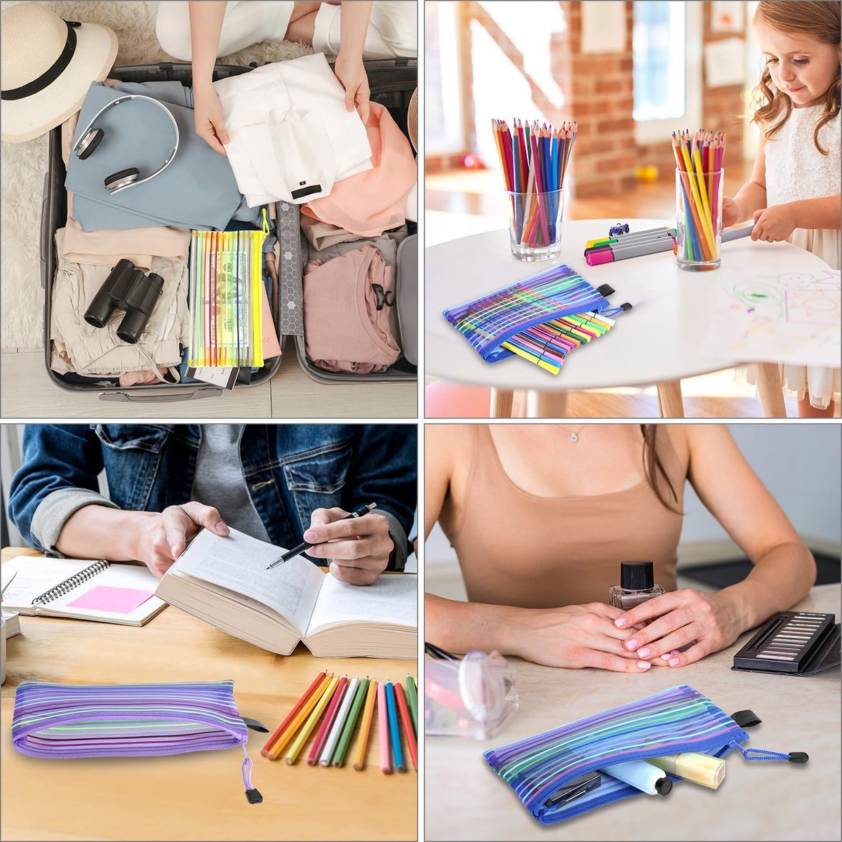 Storage Bags - Set of 6 - Pencil Case - 6 different colored mesh pockets with zipper - Nylon pencil case - 23x12 cm - Image 3