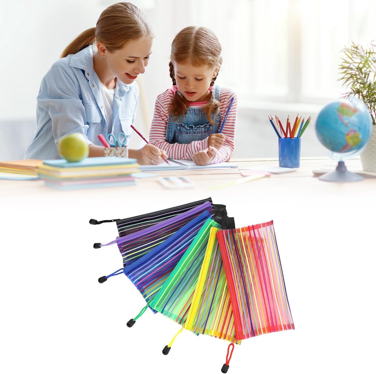 Storage Bags - Set of 6 - Pencil Case - 6 different colored mesh pockets with zipper - Nylon pencil case - 23x12 cm - Image 4