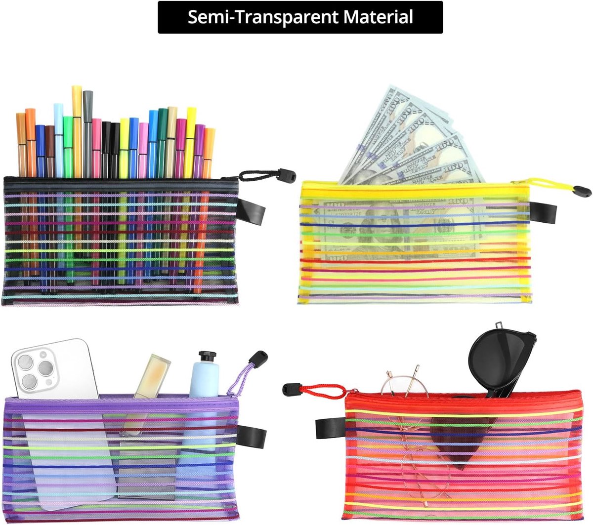 Storage Bags - Set of 6 - Pencil Case - 6 different colored mesh pockets with zipper - Nylon pencil case - 23x12 cm - Image 5