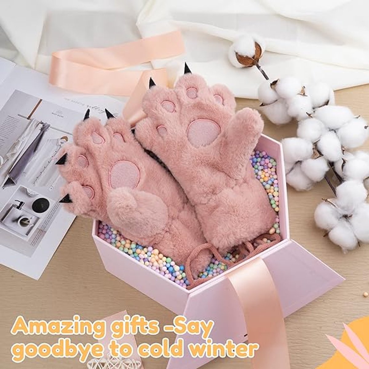 Gloves - 1 pair - Winter gloves - Cartoon gloves - Neckband - Children's gloves - Warm gloves - Plush gloves - One size（Pink） - Image 2