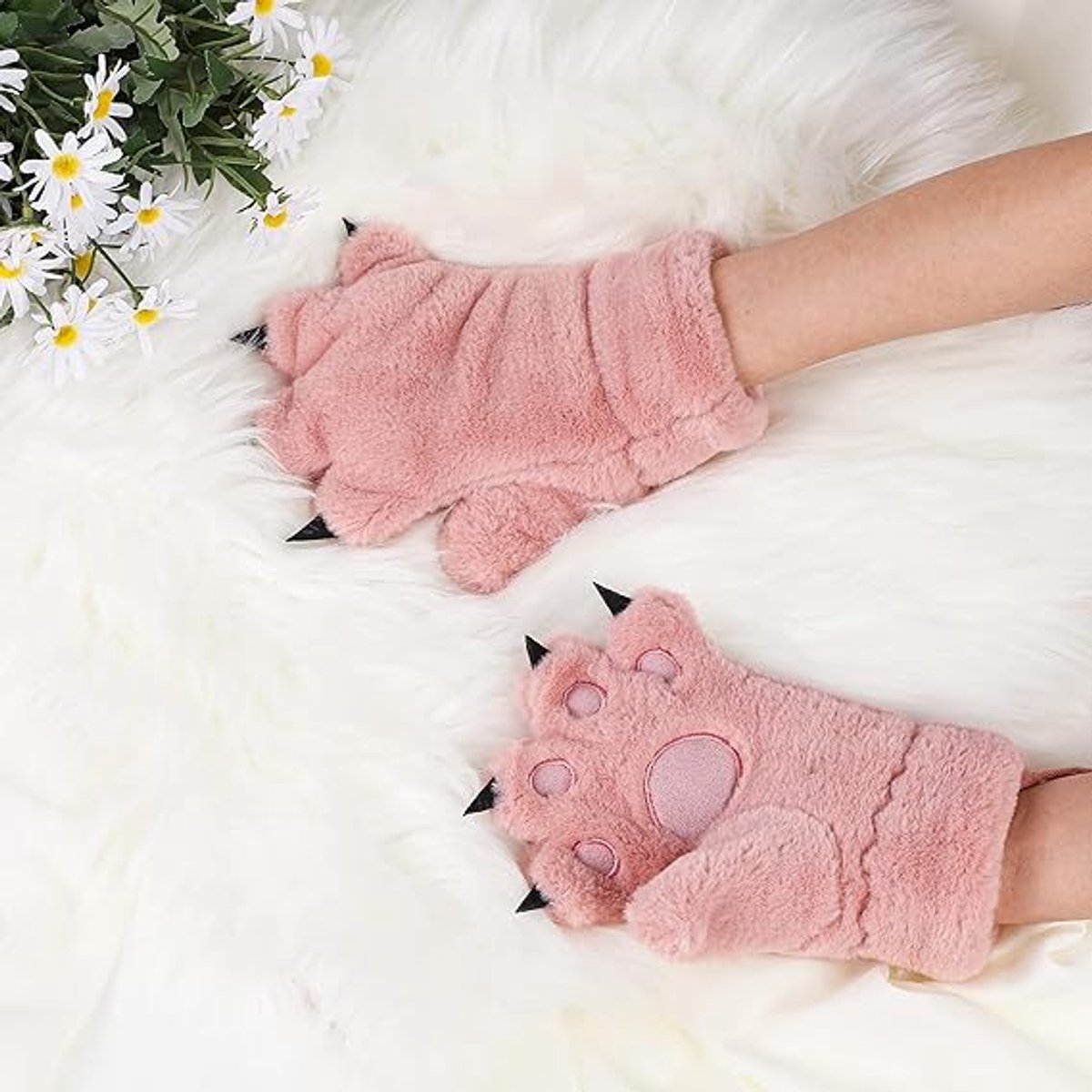 Gloves - 1 pair - Winter gloves - Cartoon gloves - Neckband - Children's gloves - Warm gloves - Plush gloves - One size（Pink） - Image 3