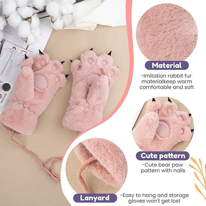 Gloves - 1 pair - Winter gloves - Cartoon gloves - Neckband - Children's gloves - Warm gloves - Plush gloves - One size（Pink） - Image 4