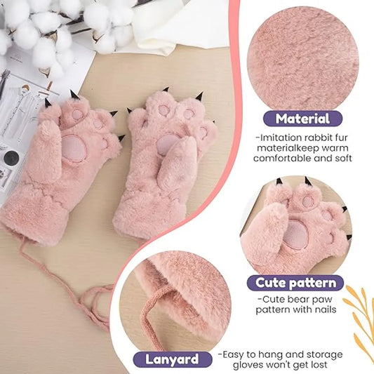Gloves - 1 pair - Winter gloves - Cartoon gloves - Neckband - Children's gloves - Warm gloves - Plush gloves - One size（Pink） - Image 4