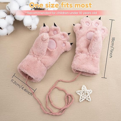 Gloves - 1 pair - Winter gloves - Cartoon gloves - Neckband - Children's gloves - Warm gloves - Plush gloves - One size（Pink） - Image 5