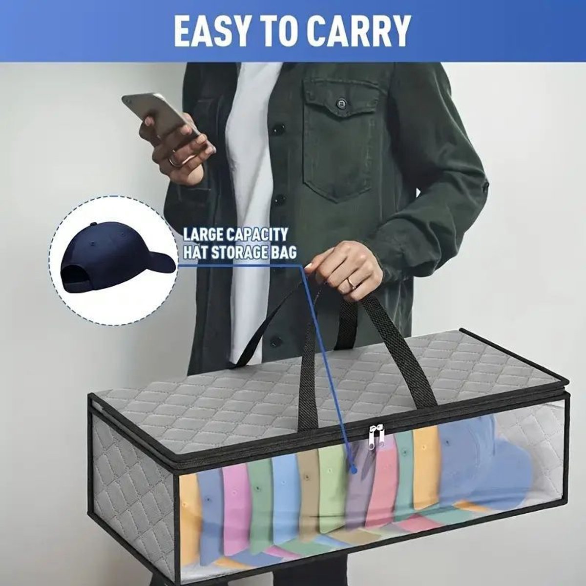 Cap Storage Bag | Set of 2 Storage Bag / Storage Sleeve - for baseball caps and other caps | Cap Organizer with 2 Handles for Closet | Moisture Protection - Gray - Image 7