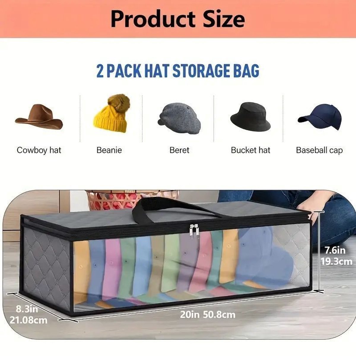 Cap Storage Bag | Set of 2 Storage Bag / Storage Sleeve - for baseball caps and other caps | Cap Organizer with 2 Handles for Closet | Moisture Protection - Gray - Image 8