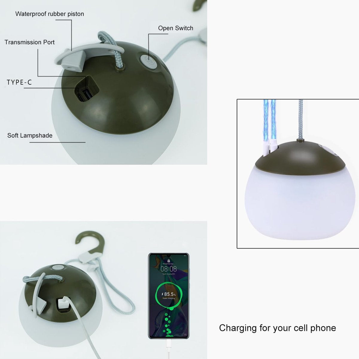 Night Light - Outdoor Camping Lamp - Atmospheric Decorative Lighting - Round Camping Lamp - 3 Brightness Levels - Hook Mount - Suitable for emergencies, tents, fishing, and other occasions. (Green) - Image 2
