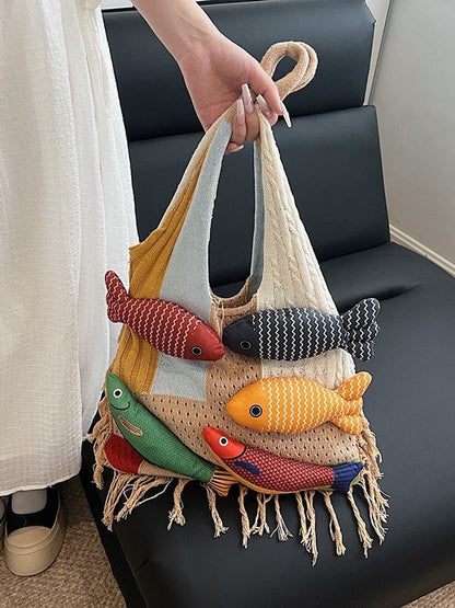 Shoulder Bag - Spacious Storage Bag - Versatile Knitted Bag - Tassel Shopping Bag - Perfect for Day Trips and Shopping - White - Image 4