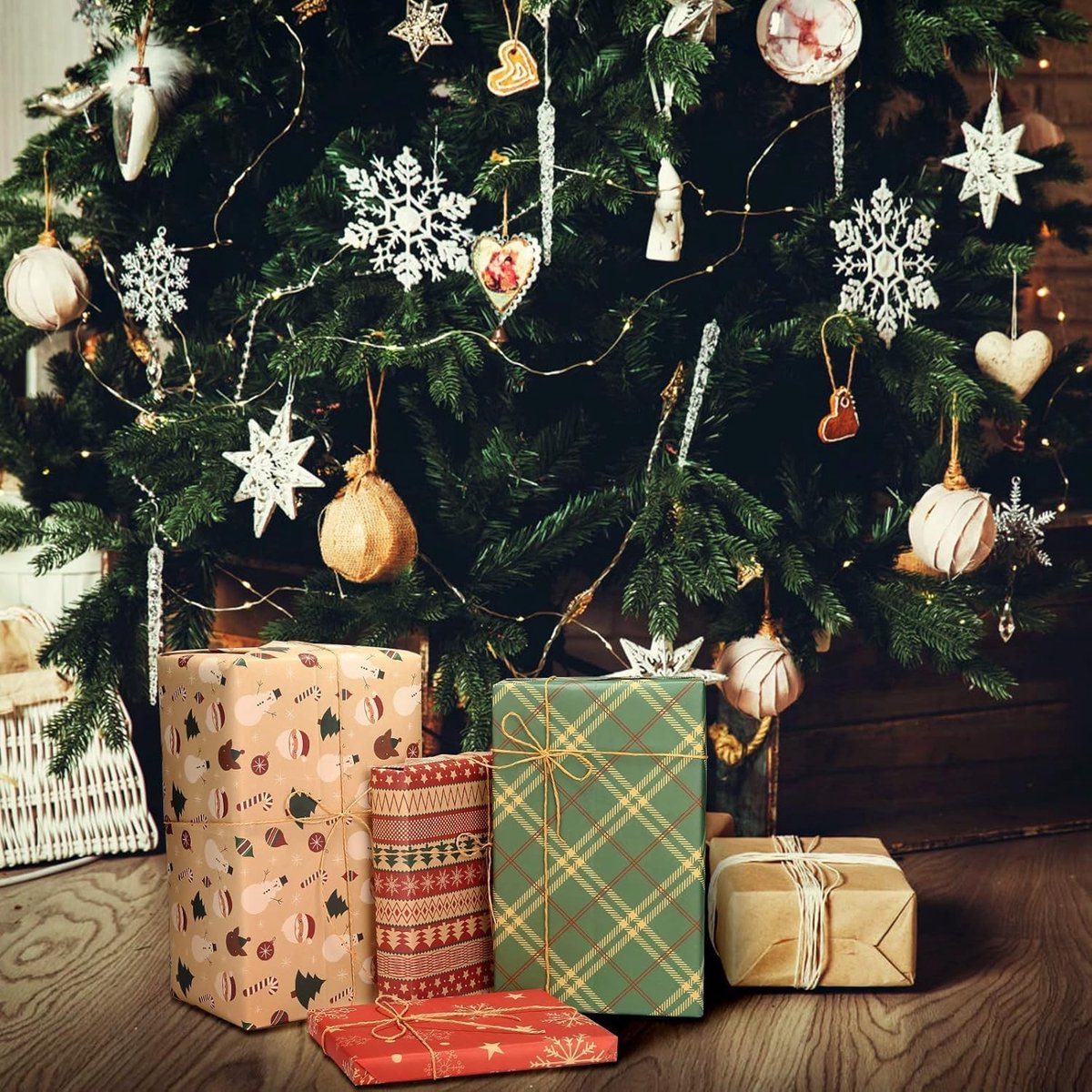 Gift Wrapping Paper - 6 sheets of kraft paper 70x50 cm - Complete set (straw, double-sided tape, stickers) - Gift wrapping paper set for birthdays, weddings and Christmas - Image 3