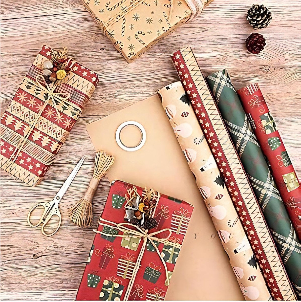 Gift Wrapping Paper - 6 sheets of kraft paper 70x50 cm - Complete set (straw, double-sided tape, stickers) - Gift wrapping paper set for birthdays, weddings and Christmas - Image 6