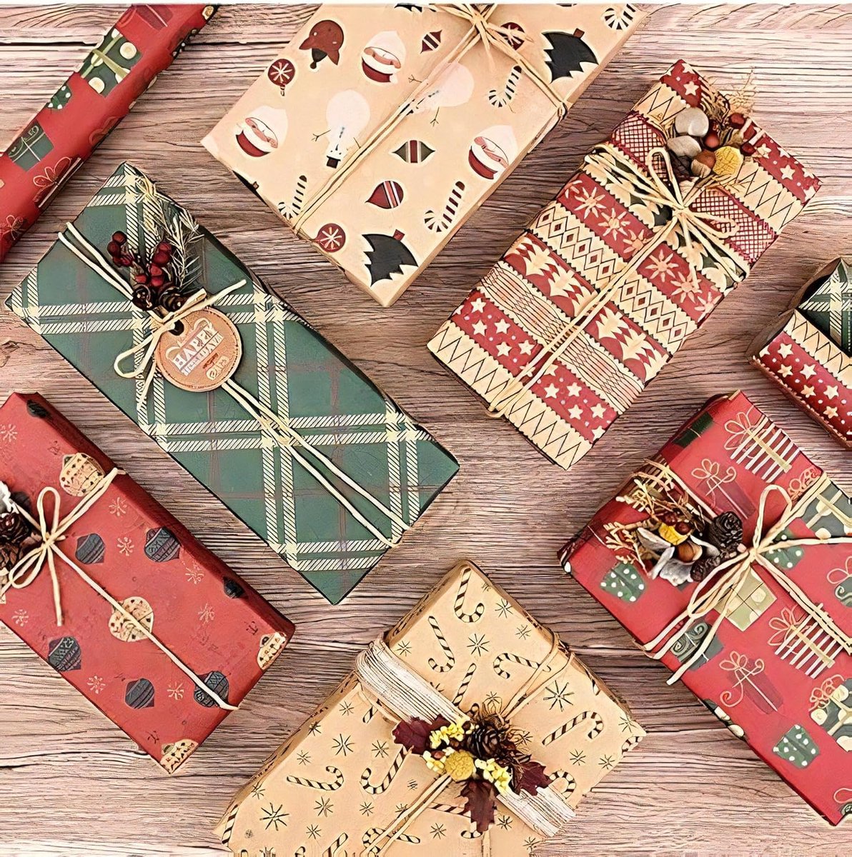 Gift Wrapping Paper - 6 sheets of kraft paper 70x50 cm - Complete set (straw, double-sided tape, stickers) - Gift wrapping paper set for birthdays, weddings and Christmas - Image 7