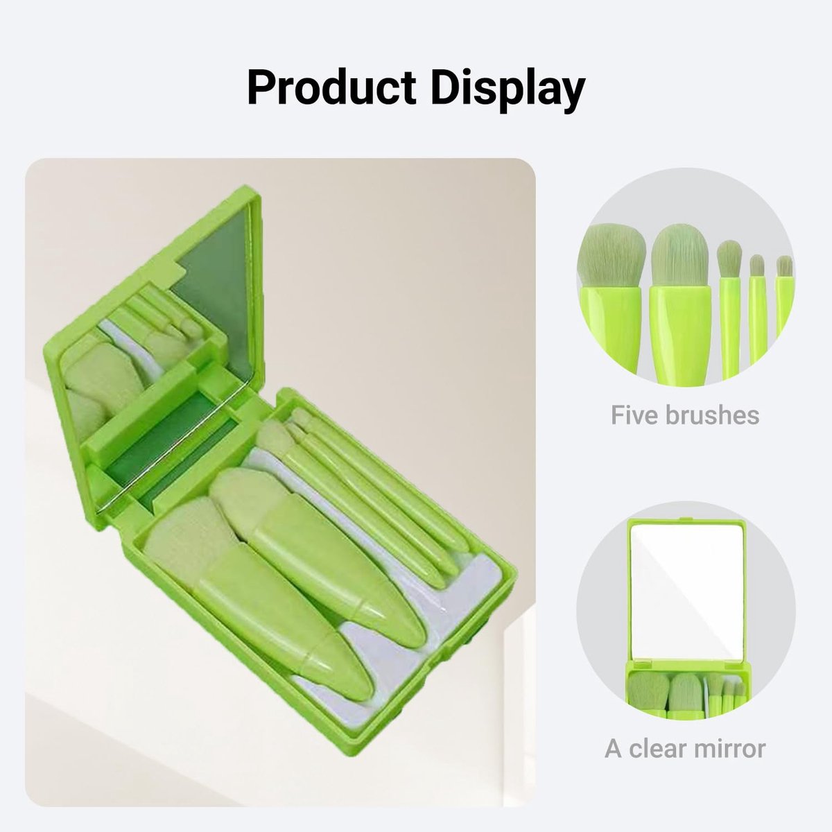 Makeup Brush Set - 5-Pack - Portable - Travel Makeup Brush Set with Mirror Case - Professional Foundation Brush, Eyeshadow Brush, and Blending Brush for Women - Green - Image 2