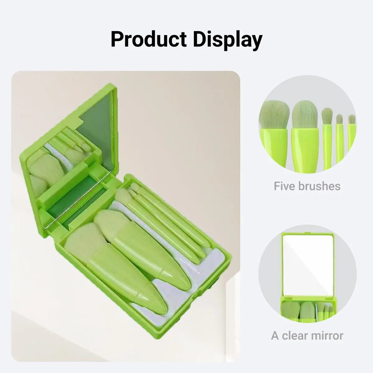 Makeup Brush Set - 5-Pack - Portable - Travel Makeup Brush Set with Mirror Case - Professional Foundation Brush, Eyeshadow Brush, and Blending Brush for Women - Green - Image 2