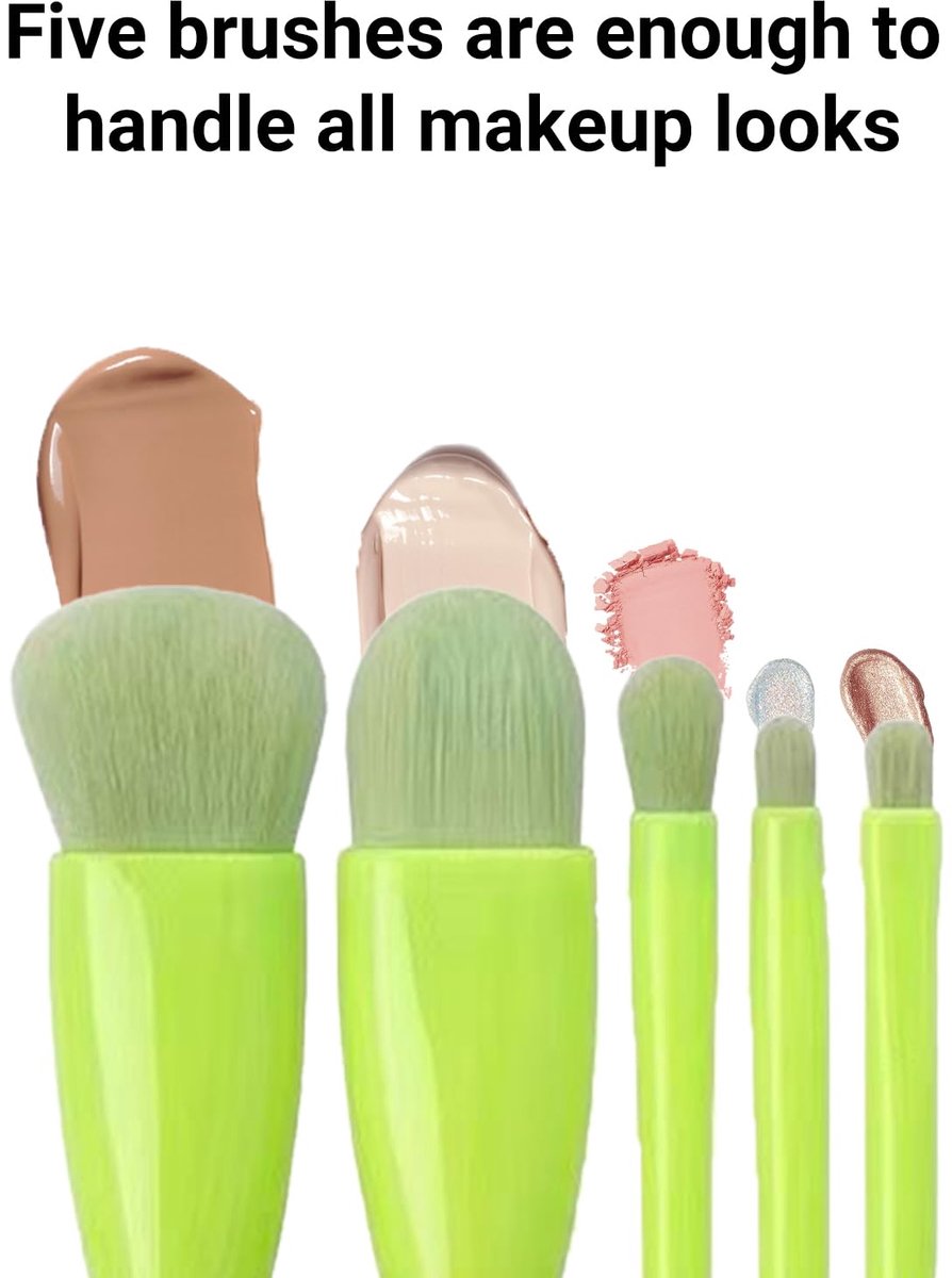 Makeup Brush Set - 5-Pack - Portable - Travel Makeup Brush Set with Mirror Case - Professional Foundation Brush, Eyeshadow Brush, and Blending Brush for Women - Green - Image 4