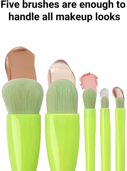 Makeup Brush Set - 5-Pack - Portable - Travel Makeup Brush Set with Mirror Case - Professional Foundation Brush, Eyeshadow Brush, and Blending Brush for Women - Green - Image 4