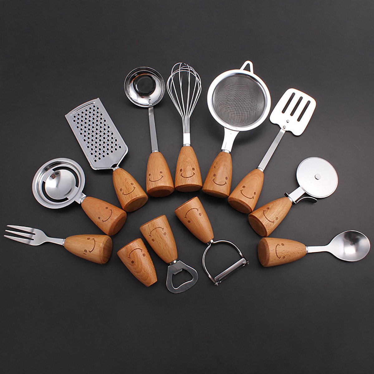 Kitchen Utensil Set - 12 Piece - Includes a peeler, egg separator, spoon, fork, pizza cutter, bottle opener, spatula, slotted spoon, grater, soup ladle, whisk and toothpick holder - The perfect gift for a housewife. - Image 2