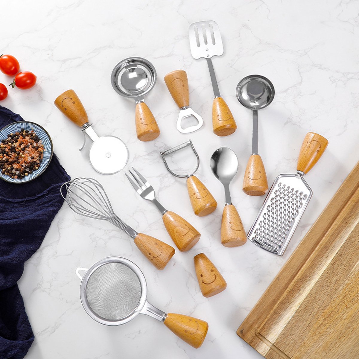Kitchen Utensil Set - 12 Piece - Includes a peeler, egg separator, spoon, fork, pizza cutter, bottle opener, spatula, slotted spoon, grater, soup ladle, whisk and toothpick holder - The perfect gift for a housewife. - Image 4