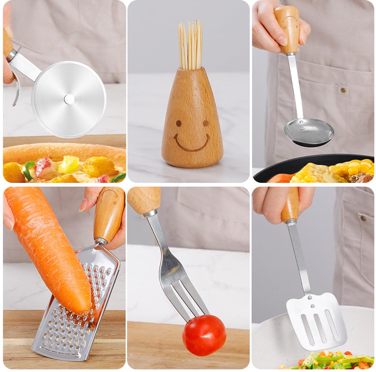 Kitchen Utensil Set - 12 Piece - Includes a peeler, egg separator, spoon, fork, pizza cutter, bottle opener, spatula, slotted spoon, grater, soup ladle, whisk and toothpick holder - The perfect gift for a housewife. - Image 5