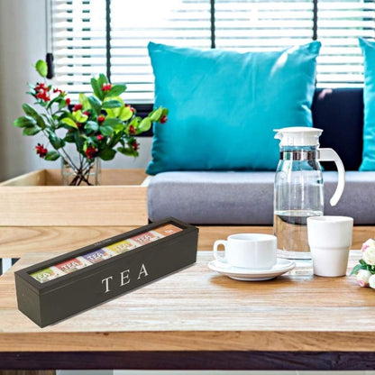 Tea Box - Tea Box 6 Compartments - Wooden Tea Box - Suitable for Loose Tea - 43 × 9 × 8.7 cm - Black - Image 4
