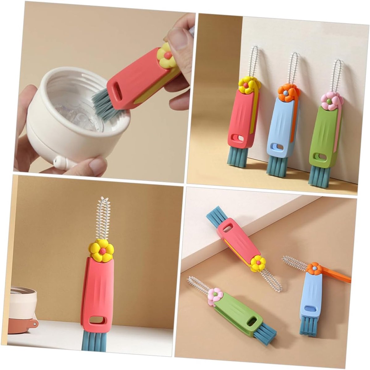 Brush - 3-piece set - Multifunctional cleaning brush - With soft bristles - Suitable for glass lids and bottle caps - Ideal for small spaces and cup accessories - Image 2