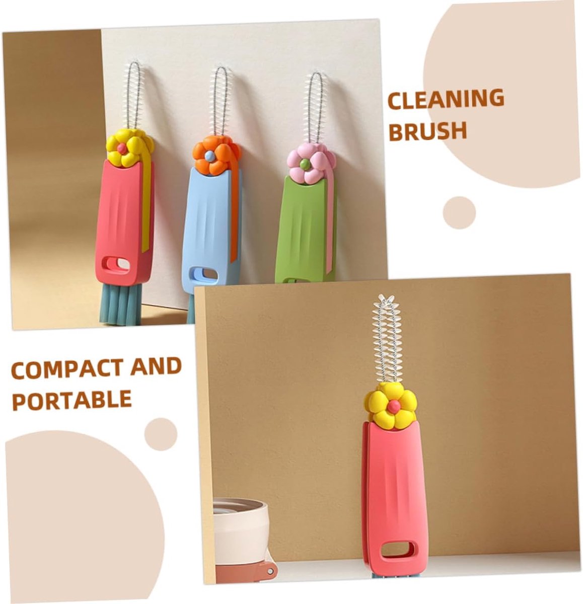 Brush - 3-piece set - Multifunctional cleaning brush - With soft bristles - Suitable for glass lids and bottle caps - Ideal for small spaces and cup accessories - Image 3