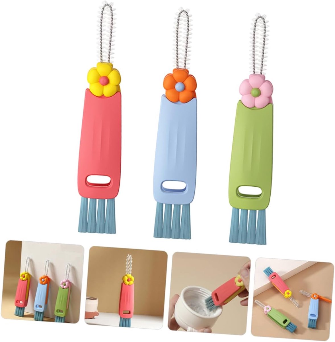 Brush - 3-piece set - Multifunctional cleaning brush - With soft bristles - Suitable for glass lids and bottle caps - Ideal for small spaces and cup accessories - Image 4