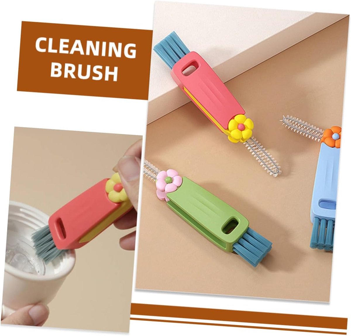 Brush - 3-piece set - Multifunctional cleaning brush - With soft bristles - Suitable for glass lids and bottle caps - Ideal for small spaces and cup accessories - Image 5