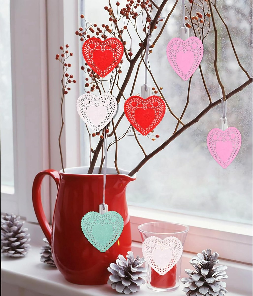 600 Paper Heart Tablecloths - Valentine's Day Decorations, Red/Pink/White Lace Cutouts - Valentine's Day Decorations for Weddings & Parties - 4 Inches - Image 3