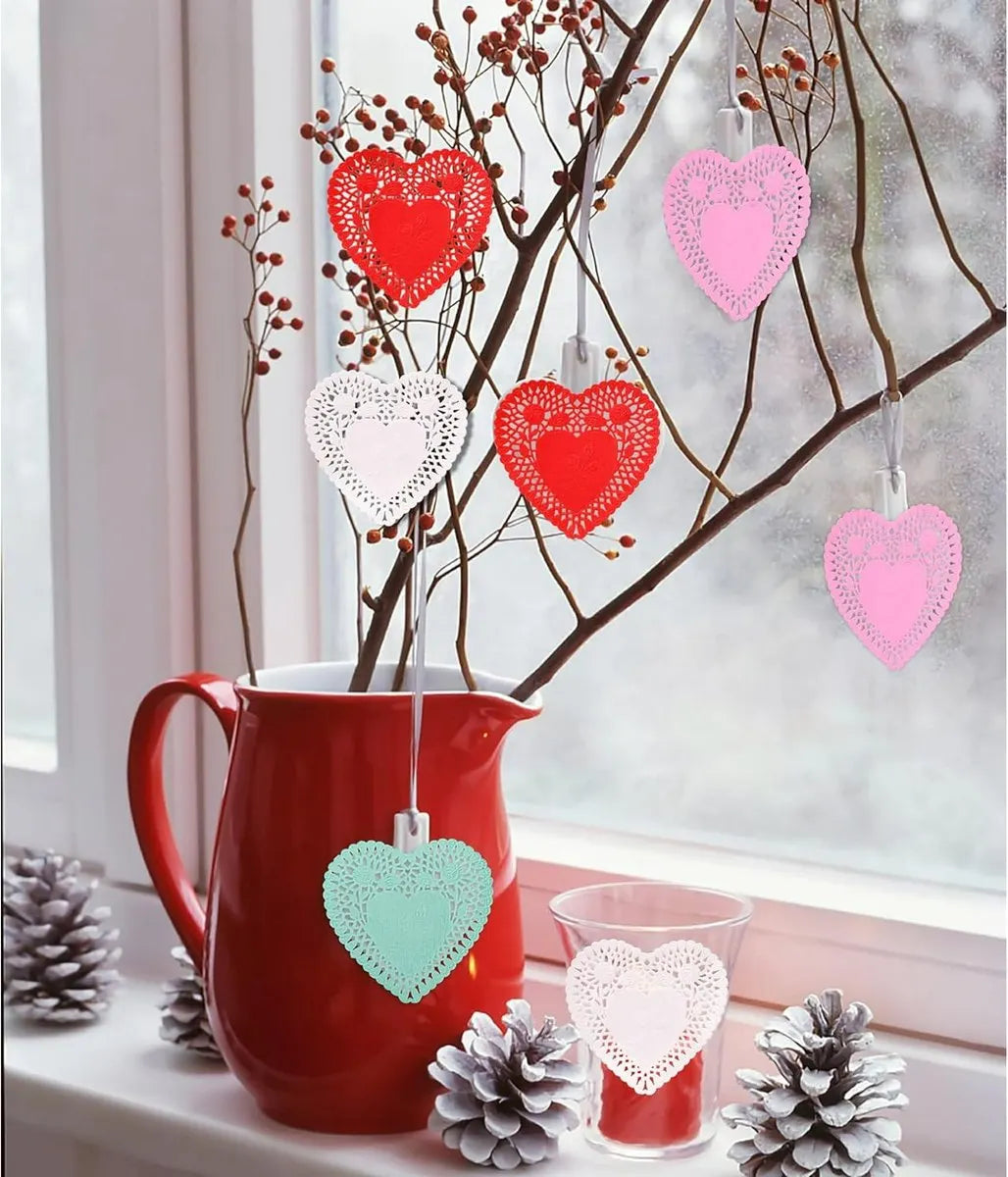 600 Paper Heart Tablecloths - Valentine's Day Decorations, Red/Pink/White Lace Cutouts - Valentine's Day Decorations for Weddings & Parties - 4 Inches - Image 3