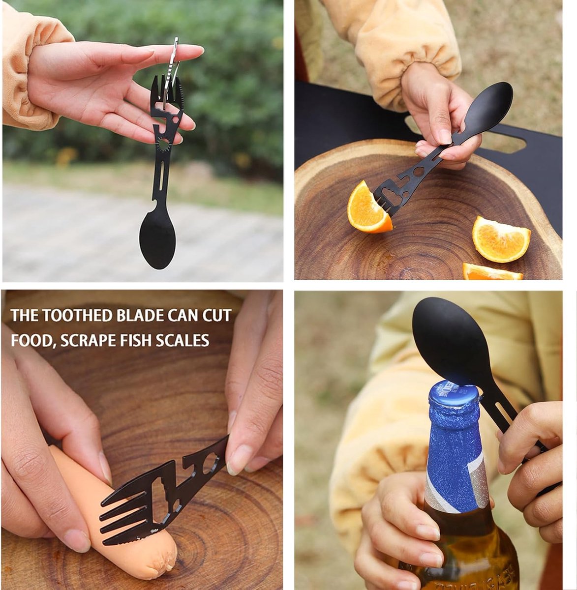 Stainless Steel Spoon and Fork - 10-in-1 Multitool - Works as a combination spoon, fork, knife, bottle opener and wrench - Ideal for picnics, travel, backpacking, hiking and fishing - Black - Image 5