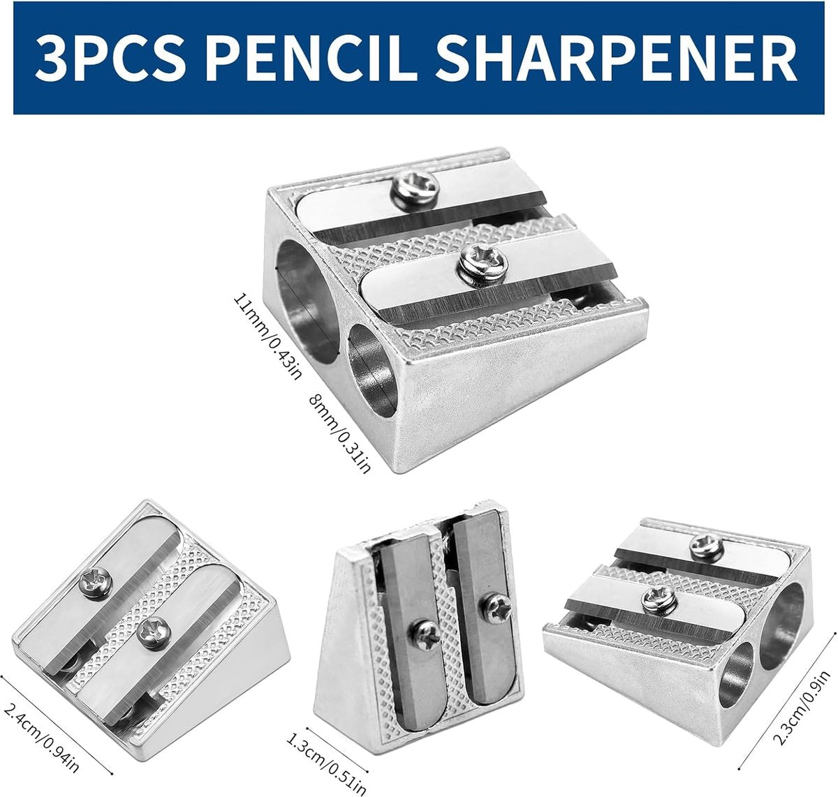 Set of 3 Metal Pencil Sharpeners - Suitable for Children - Colored Pencils - Cosmetics - Lip Liner and Eyeliner - Home - School & Office Supplies - Image 5