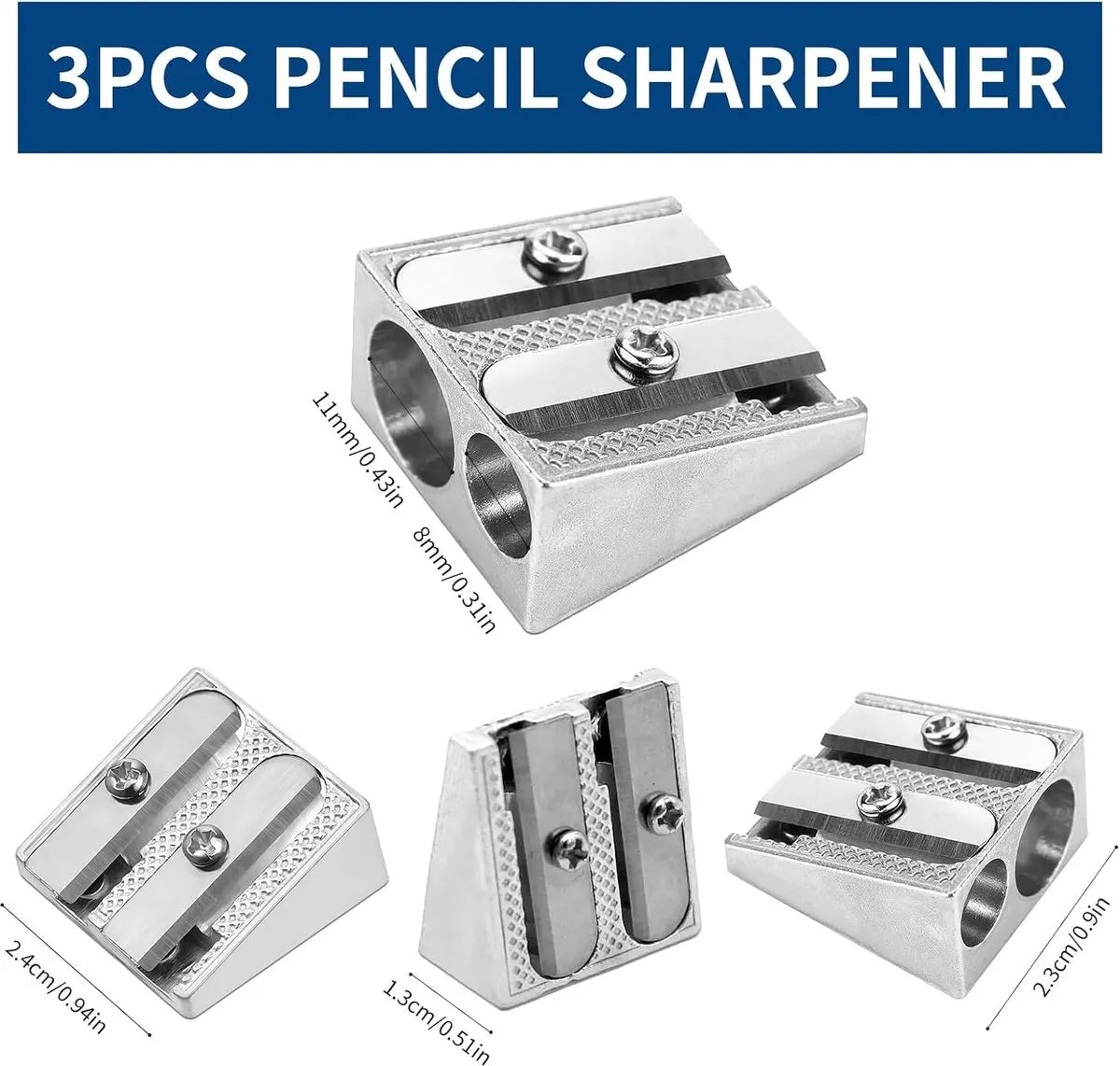 Set of 3 Metal Pencil Sharpeners - Suitable for Children - Colored Pencils - Cosmetics - Lip Liner and Eyeliner - Home - School & Office Supplies - Image 5