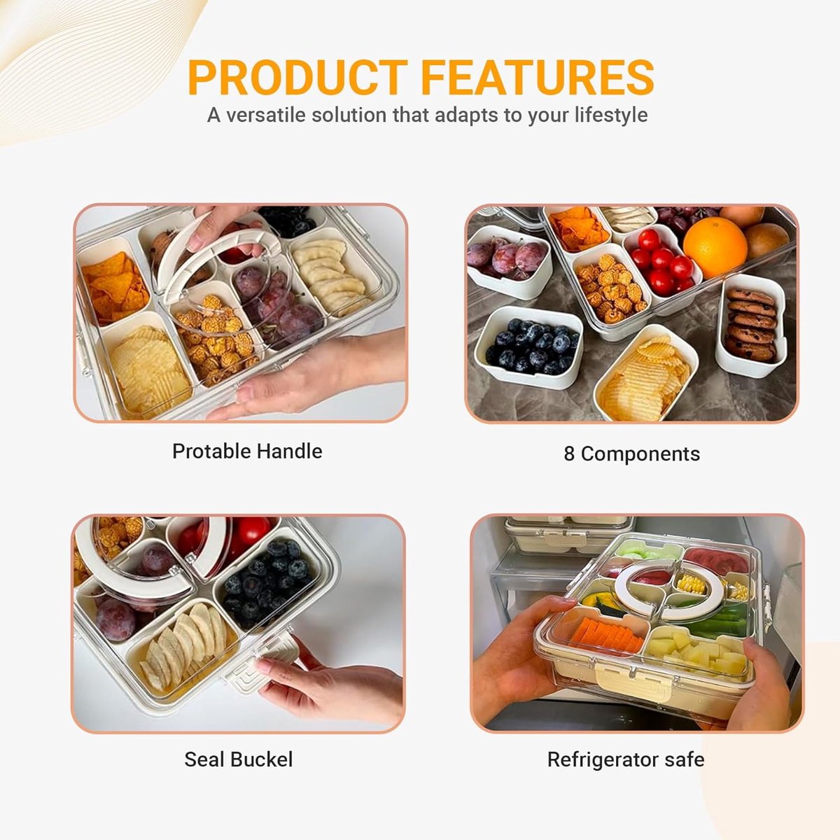 Snack Boxes - Divided trays with lids and handles - Transparent snack boxes for fruit, snacks, sweets and nuts - Ideal for parties and picnics (pack of 2) - Image 2