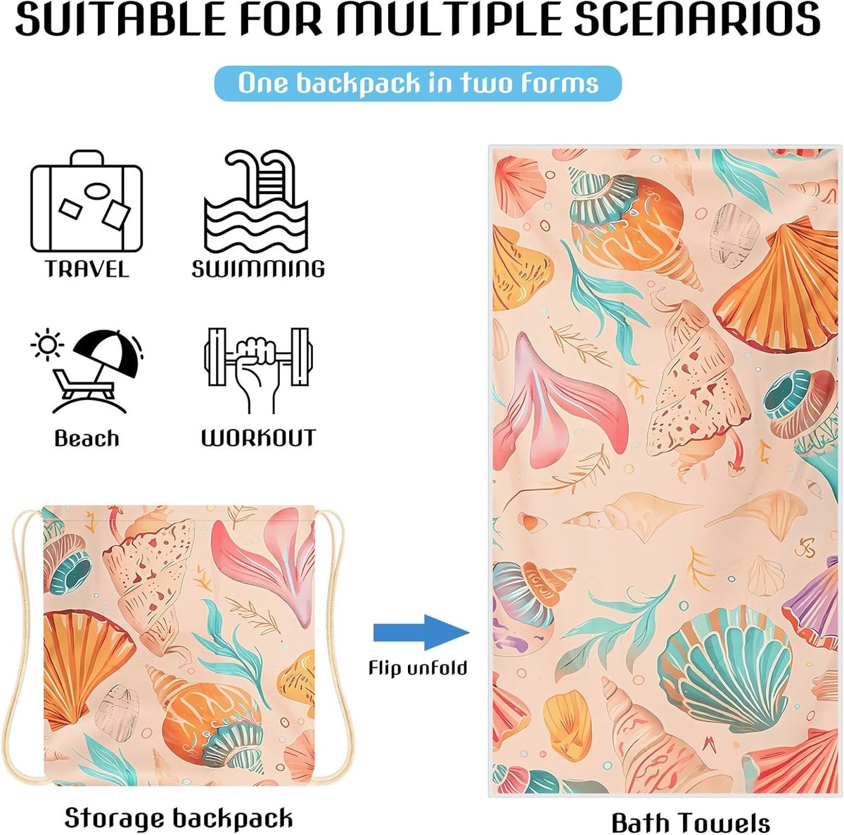 Beach Towel - 2-in-1 Foldable Beach Towel Backpack - Printed Bath Towel - Convertible Beach Mat & Carry Bag - Perfect Companion for Camping, Yoga & Travel（Shell） - Image 4