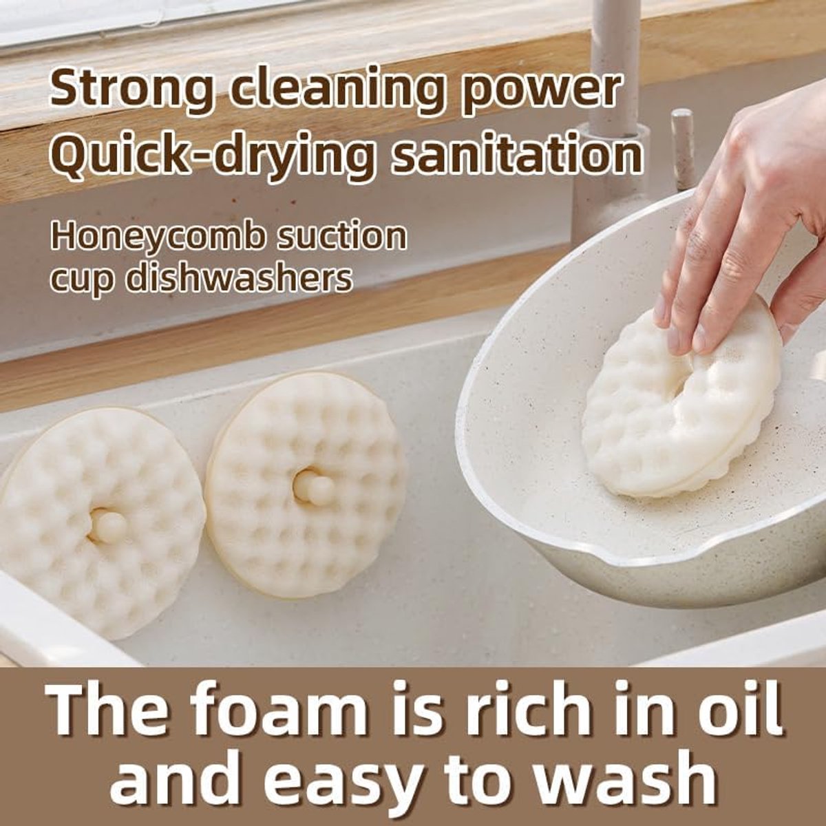 Double-Sided Dishwashing Brush - Sponge Brush with Suction Cup - 1 Base + 2 Refillable Sponges - Scratch-Free Kitchen Brush - Beige - Image 3
