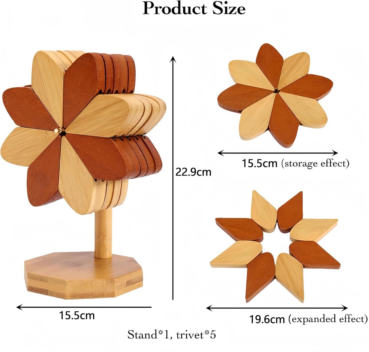 Coasters - Heat-insulating coasters - Wooden heat-insulating bowl mats - Set of coasters with floral motif - including stand - 5-piece set - Brown and natural bamboo - Image 2