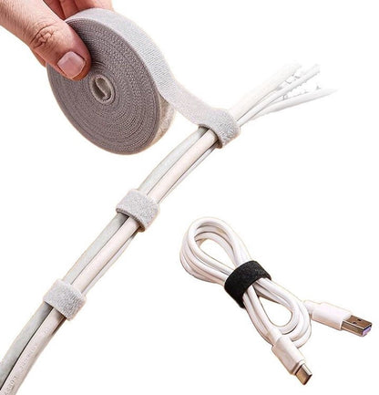 Cable Organizer with Velcro - Cable Ties for Data Cables - Reusable Straps - For storing mobile phone cables, laptop cables and chargers (Gray roll, 5 meters * 1.2 cm)