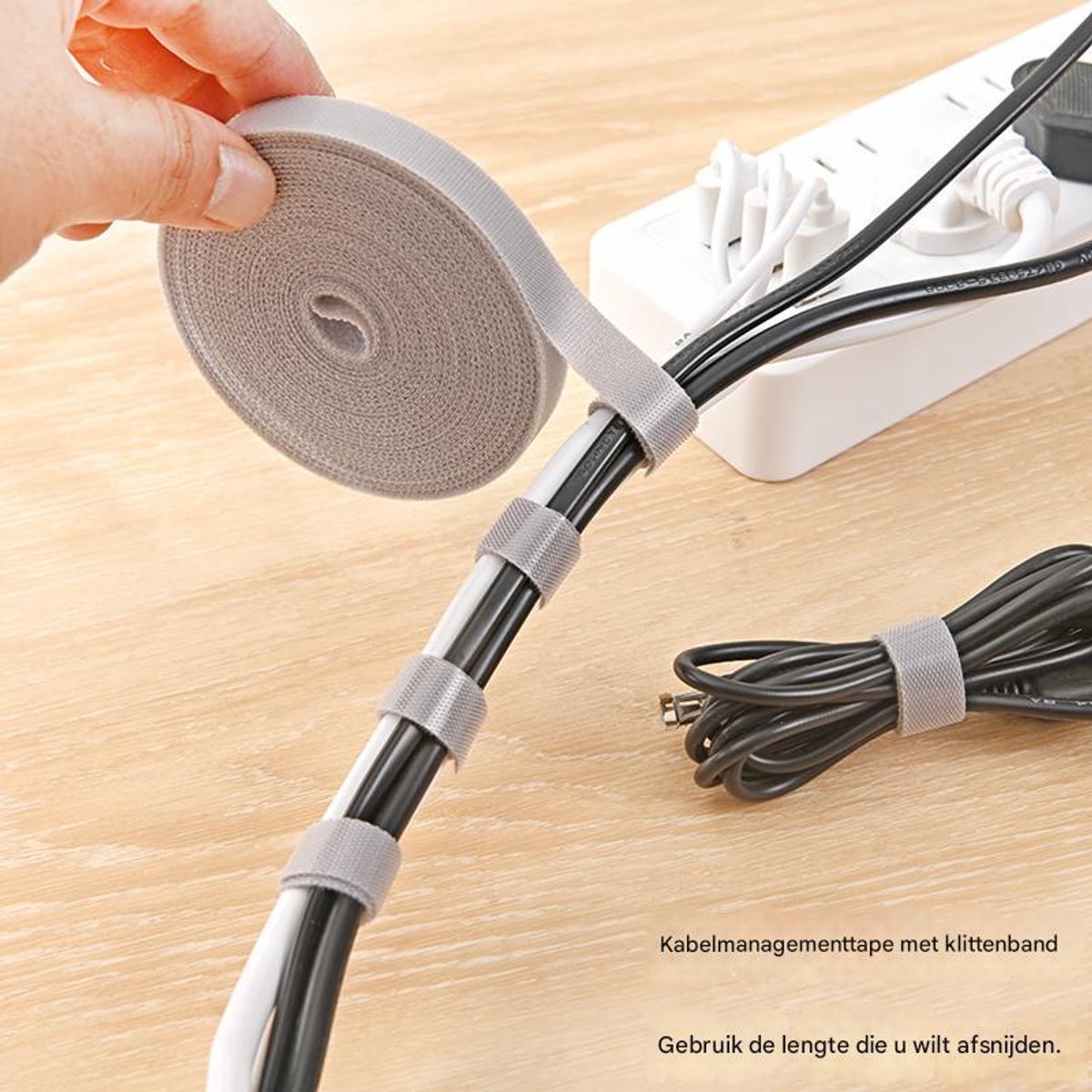 Cable Organizer with Velcro - Cable Ties for Data Cables - Reusable Straps - For storing mobile phone cables, laptop cables and chargers (Gray roll, 5 meters * 1.2 cm) - Image 2