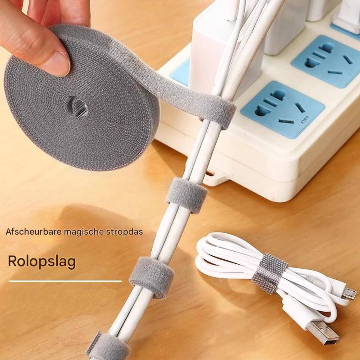 Cable Organizer with Velcro - Cable Ties for Data Cables - Reusable Straps - For storing mobile phone cables, laptop cables and chargers (Gray roll, 5 meters * 1.2 cm) - Image 3