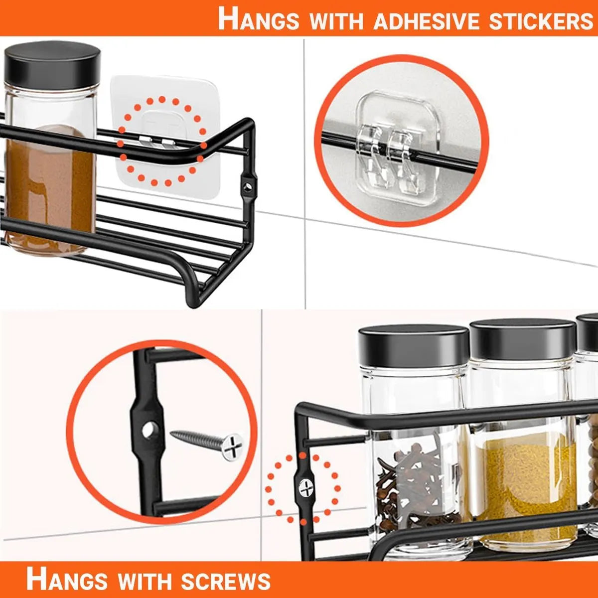Four-Tier Metal Wall-Mounted Spice Rack - Suitable for Kitchens and Cabinet Interiors - Neatly Organizes Spice Jars and Spices (Black) - Image 2