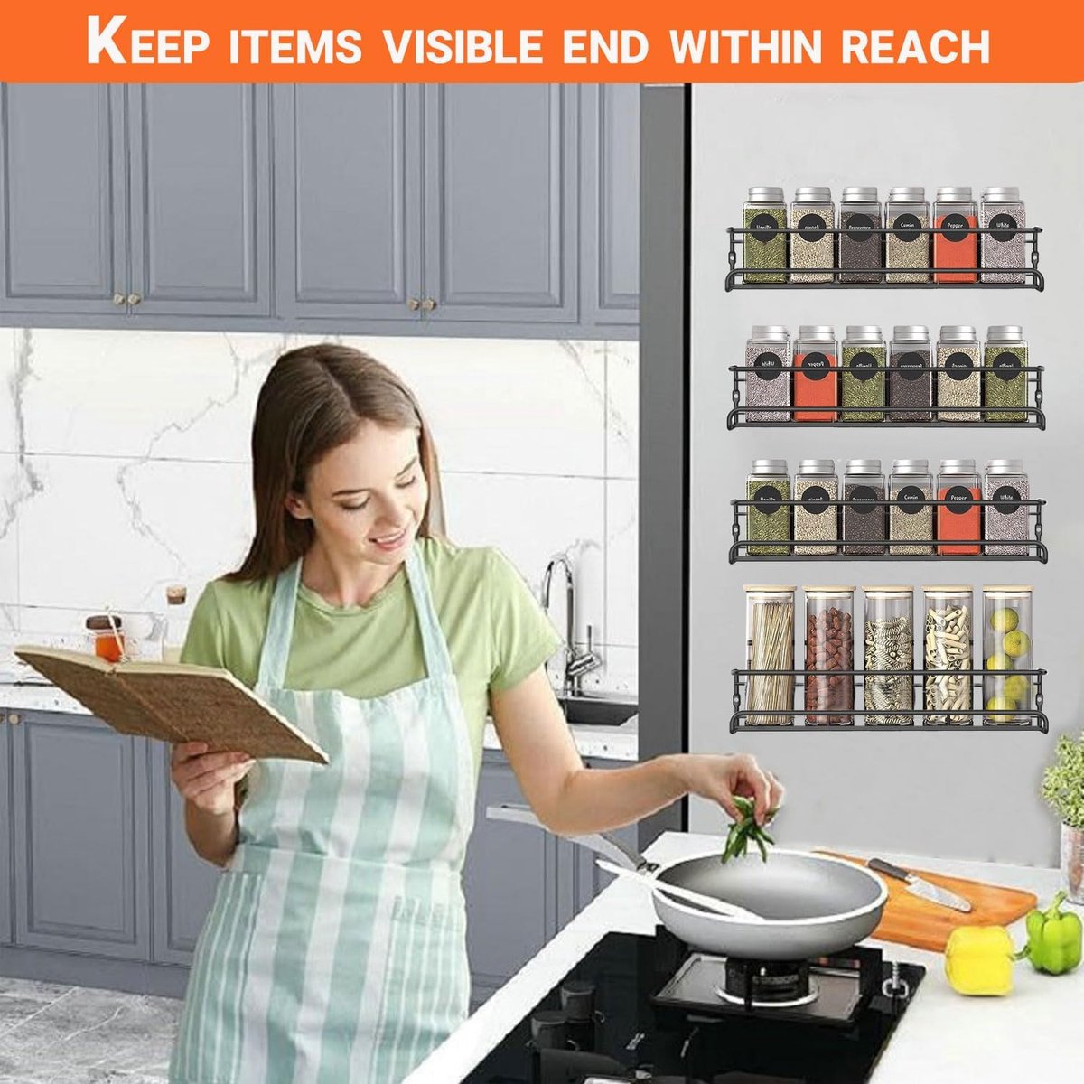 Four-Tier Metal Wall-Mounted Spice Rack - Suitable for Kitchens and Cabinet Interiors - Neatly Organizes Spice Jars and Spices (Black) - Image 3