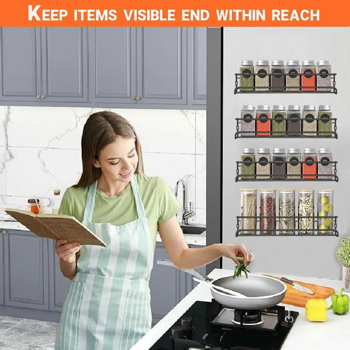 Four-Tier Metal Wall-Mounted Spice Rack - Suitable for Kitchens and Cabinet Interiors - Neatly Organizes Spice Jars and Spices (Black) - Image 3