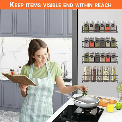 Four-Tier Metal Wall-Mounted Spice Rack - Suitable for Kitchens and Cabinet Interiors - Neatly Organizes Spice Jars and Spices (Black) - Image 3