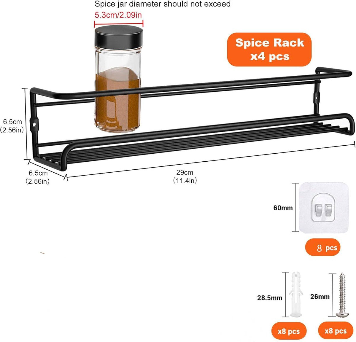 Four-Tier Metal Wall-Mounted Spice Rack - Suitable for Kitchens and Cabinet Interiors - Neatly Organizes Spice Jars and Spices (Black) - Image 5