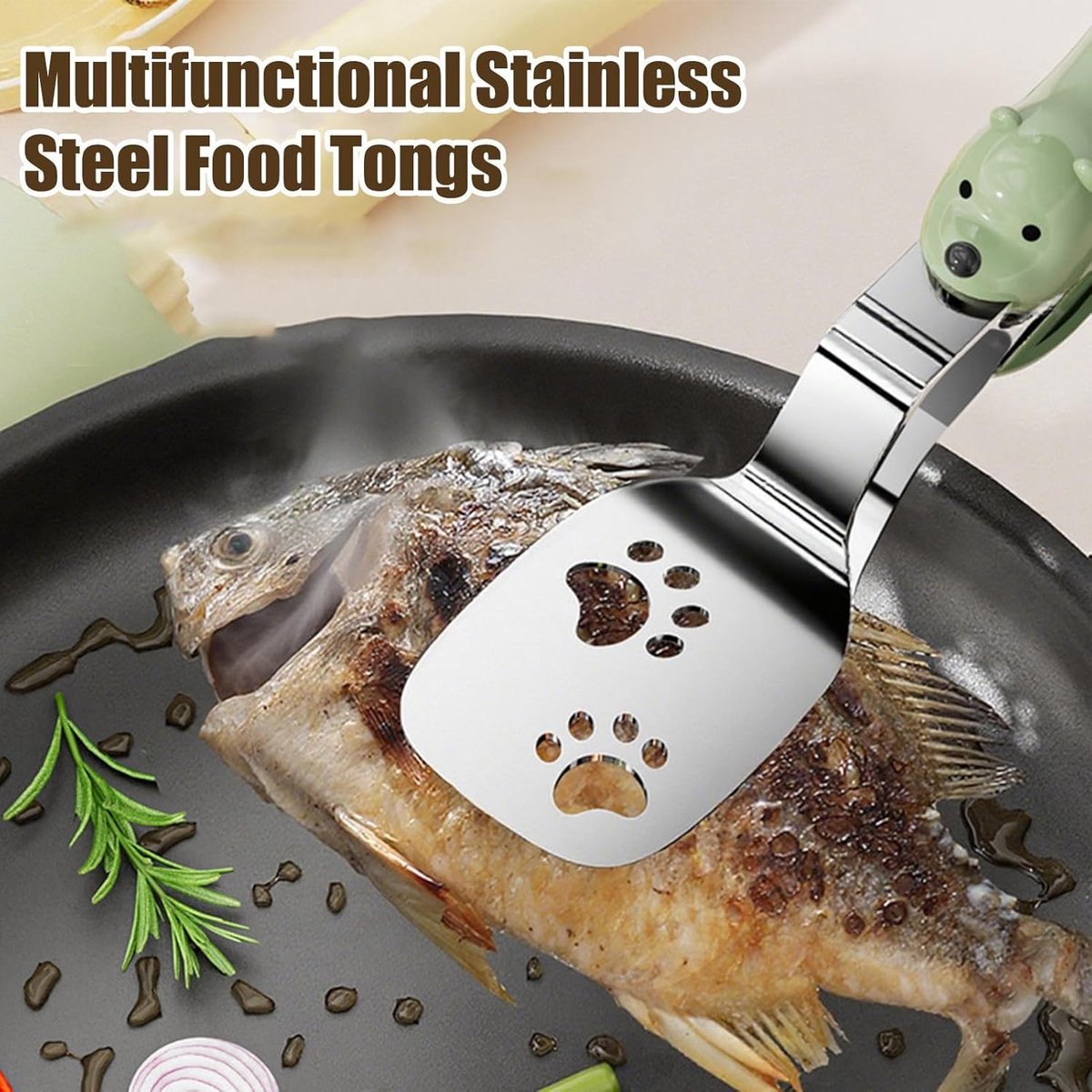 Spatula - Set of Two - Baking Tongs - Stainless Steel Tongs with Bear Claw Shape - Suitable for kitchen and camping use, for making pasta, toast, baking, desserts, canned food and barbecuing. - Image 6
