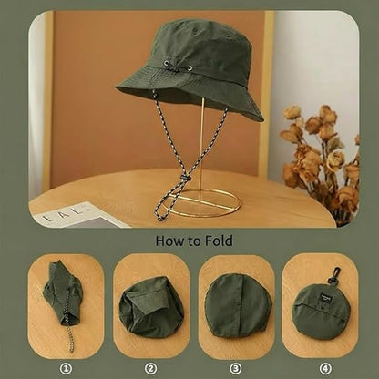 Hat - Sun Hat - Outdoor Jungle Hat - Foldable Bucket Hat - Rain Hat - Unisex - With Removable Chin Strap - 2-Piece (Black + Brick Red) - Image 2