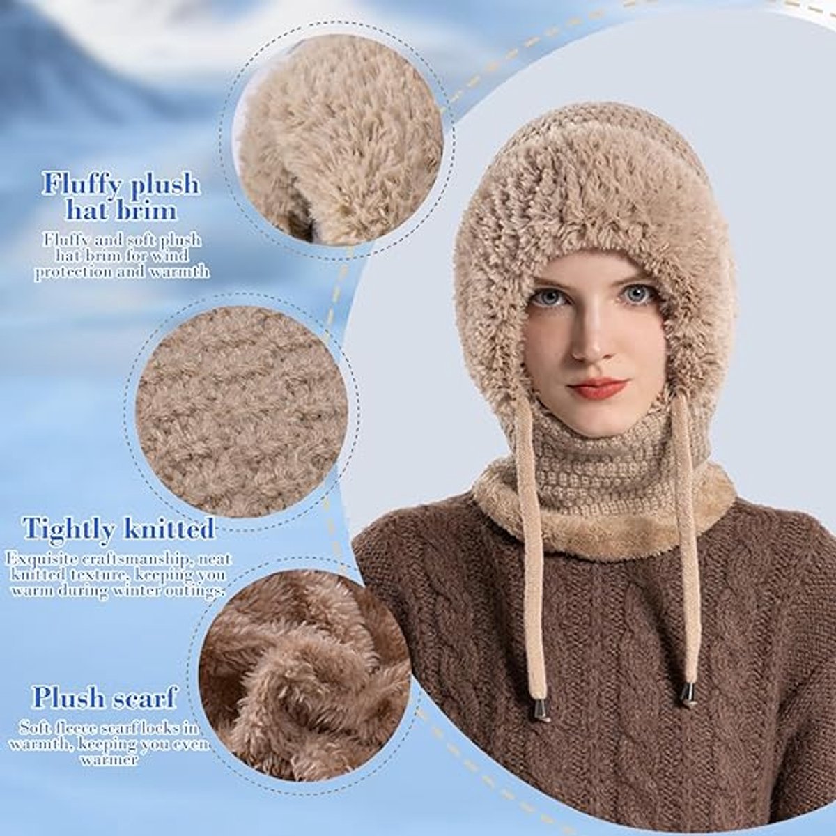 3-in-1 Insulated Hat, Scarf & Face Mask - Ski Face Mask - Warm Knitted Windproof Headband/Scarf for Fall/Winter - Suitable for Skiing, Hiking and Other Outdoor Sports - Khaki - Image 2