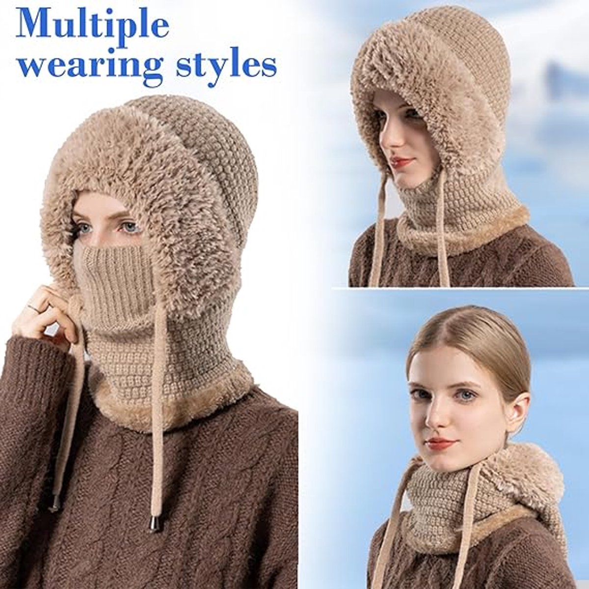 3-in-1 Insulated Hat, Scarf & Face Mask - Ski Face Mask - Warm Knitted Windproof Headband/Scarf for Fall/Winter - Suitable for Skiing, Hiking and Other Outdoor Sports - Khaki - Image 4