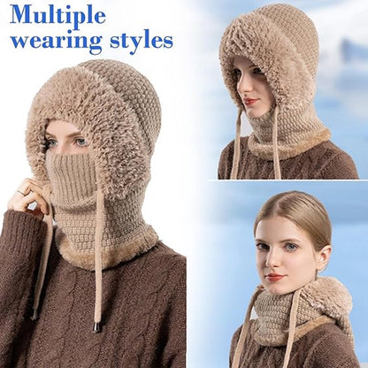 3-in-1 Insulated Hat, Scarf & Face Mask - Ski Face Mask - Warm Knitted Windproof Headband/Scarf for Fall/Winter - Suitable for Skiing, Hiking and Other Outdoor Sports - Khaki - Image 4