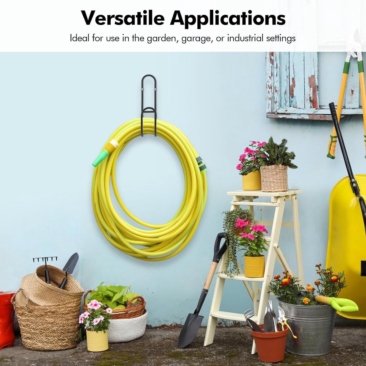 Garden Hose Hanging System - Wall Mount for Neat Storage - Stainless Steel Frame - Black - Image 2